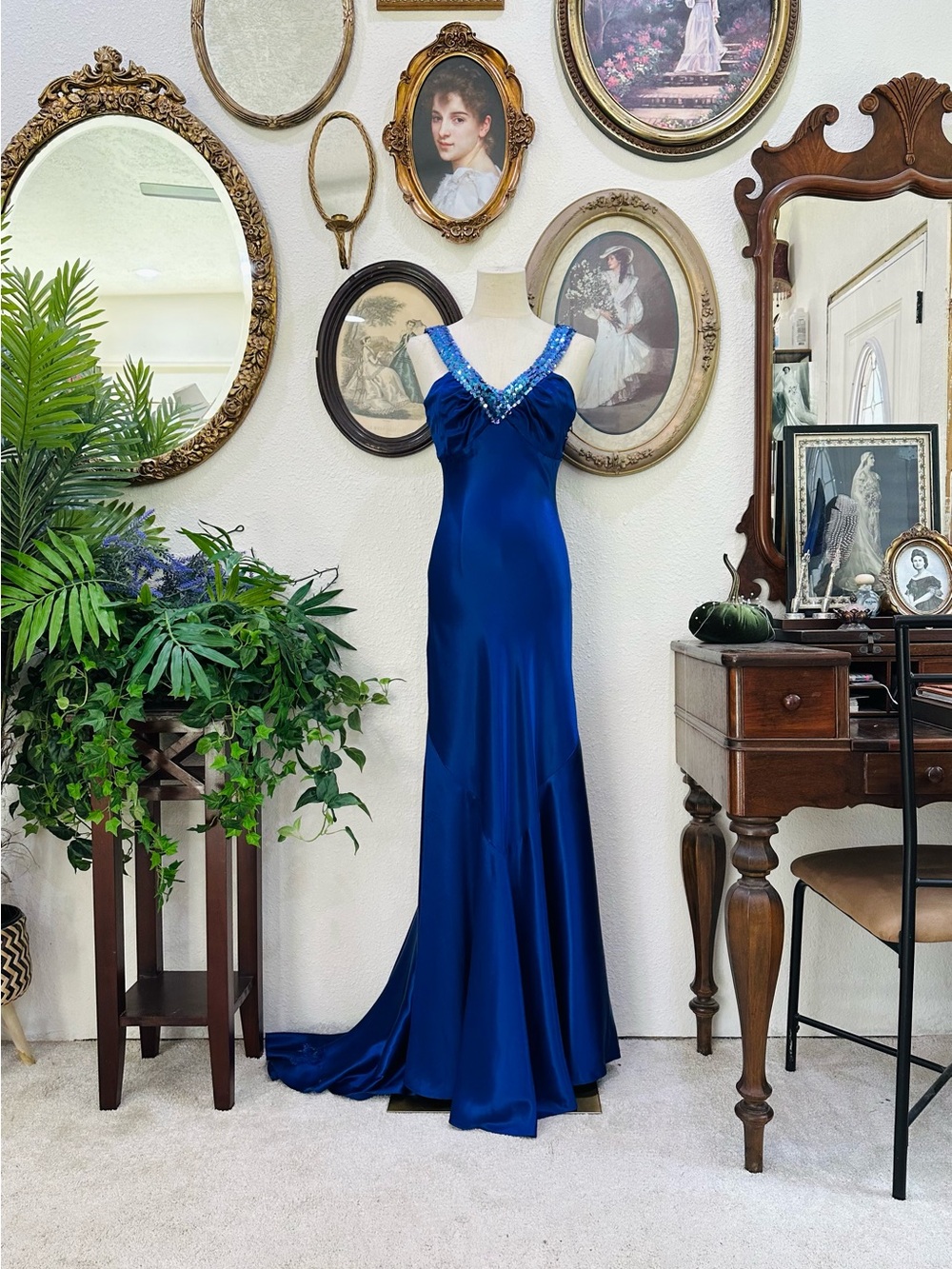Royal Blue Beaded V-Neck Evening Gown